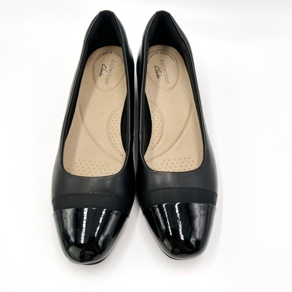 Clarks Size 7.5 Juliet Monte‎ Black Leather Patent Cap Toe Low Heels Pumps Shoes - Picture 3 of 14